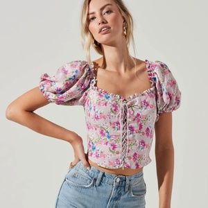 Lace-Up Floral Puff Sleeve Crop Top ASTR THE LABEL Size S